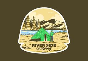 River side camping. Vintage outdoor illustration badge vector