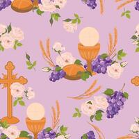 Seamless pattern with symbols of the Christian religion. holy communion elements - chalice, grapes, bread, ears of corn. . Design for fabric, wallpaper, textile. vector