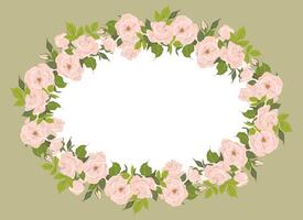 Romantic floral oval frame, elegant pastel pink flowers, buds and green leaves. A wreath of summer flowers for a wedding invitation in Provence style. flat illustration. vector