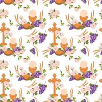 Seamless pattern with symbols of the Christian religion. holy communion elements - chalice, grapes, bread, ears of corn. . Design for fabric, wallpaper, textile. vector