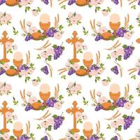 Seamless pattern with symbols of the Christian religion. holy communion elements - chalice, grapes, bread, ears of corn. . Design for fabric, wallpaper, textile. vector