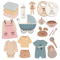 Cute collection of baby design elements Feeding Bottle Bib Pram Pram Dishes Towels Dress Baby Doll vector