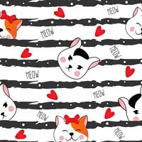 Seamless pattern with many different red and black and white heads of cats on white striped background. Illustration for children. vector