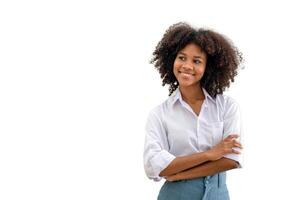 Portrait of beautiful happy black woman standing with arms crossed with white background photo