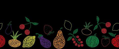 Seamless pattern border with hand drawn watermelon, cherry, apple, pear, lemon, strawberry, eggplant, currant, onion on black background in childrens naive style. vector