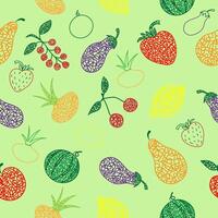 Seamless pattern with hand drawn watermelon, cherry, apple, pear, limon, strawberry,eggplant,currant, onion on green background in childrens naive slyle. vector