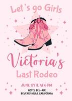 Hen Party invitation card. Last rodeo bachelorette party invitation template with pink coquette cowboy boots and bow. Cowgirl disco party. Wedding stationery vector