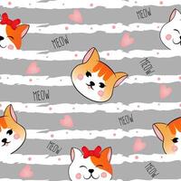 Seamless pattern with many different red heads of cats on grey striped background. Illustration for children. vector