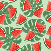 Seamless pattern with hand drawn watermelon slace and tropical monstera leaves on green background. vector