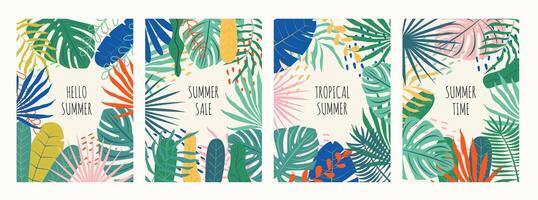 Set of colorful summer backgrounds with tropical palm leaves. Summer concept design. Botanical jungle leaves and floral frame for summer sale banners, poster, card. Modern trendy minimal design. vector