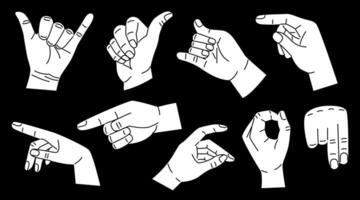 Set of white hands with different gestures. Modern trendy flat style. Hand drawn illustration. Hands show different signs and symbols. Body language for communication. On black background vector