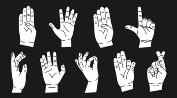 Set of white hands with different gestures. Modern trendy flat style. Hand drawn illustration. Hands show different signs and symbols. Body language for communication. On black background vector