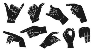 Set of black hands with different gestures. Modern trendy flat style. Hand drawn illustration. Hands show different signs and symbols. Body language for communication. On white background vector