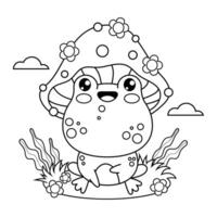 Cute groovy outline frog fly agaric. Funny cartoon animal kawaii character. illustration. Line drawing, coloring book. Kids collection. vector