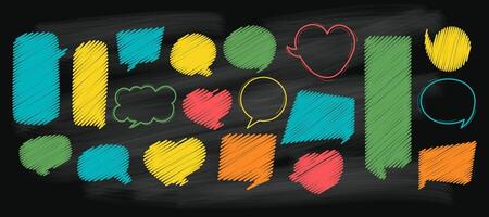 Speech bubbles multi-colored chalk on black board. Cloud for text, empty geometric shapes, chatting box, message box. Isolated blank drawings doodles vector