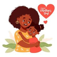 Cute happy ethnic black woman mother with her daughter. Happy Mother's Day card. illustration in flat cartoon style vector