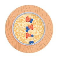 harina de avena en un cuenco en de madera tablón aislado en blanco antecedentes. avena copos con fresas, arándanos y banana. gachas de avena avena, parte superior vista. sano natural desayuno vector