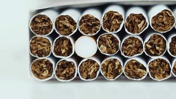 Heap of tobacco cigarettes rotates on a white background close up. Close up tobacco cigarette background or texture video
