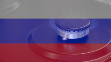 Gas is switching on, appearing blue flame against the background of the russian flag video