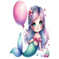 aigeneriert süß wenig Meerjungfrau mit ein Ballon png