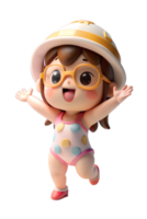 , 3d render kawaii estilo jovem mulheres dentro roupa de banho vestindo chapéu e oculos escuros. isolado transparente fundo png