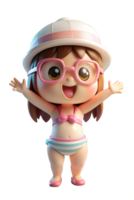 , 3d render kawaii style young women in swimsuit wearing hat and sunglasses. isolated transparent background png