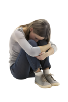 , 3d style illustration of A young woman hugs her knees and cries. isolated on transparent background png