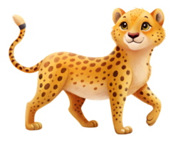 , Cartoon style illustration of cute cheetah, walking isolated on transparent background png