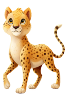 , Cartoon style illustration of cute cheetah, walking isolated on transparent background png