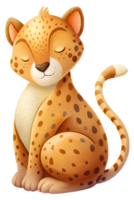 , Cartoon style illustration, cute cheetah sleeping isolated on transparent background png