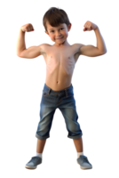 , 3d style illustration de garçon est fléchissement le sien muscles isolé sur transparent Contexte png