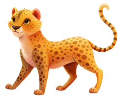 , Cartoon style illustration of cute cheetah, walking isolated on transparent background png