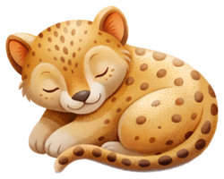 , Cartoon style illustration, cute cheetah sleeping isolated on transparent background png