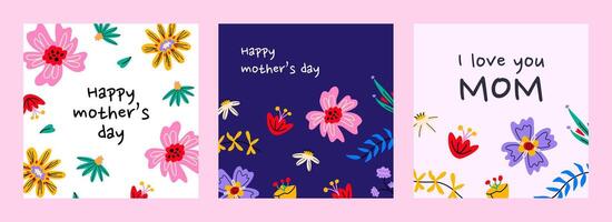 Happy Mothers Day. Set of trendy and colorful illustrations. Bold abstract flowers. Design templates for card, banner, invitation. vector
