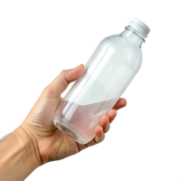 , Close-up Only the hand remembers the empty translucent bottle, isolated on transparent background png