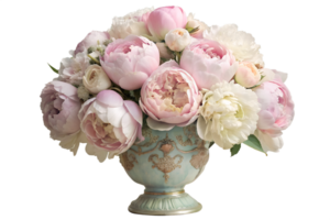 , A bouquet of pastel-colored peonies arranged in a vintage-inspired vase, exuding elegance and charm png