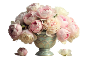 , uma ramalhete do de cor pastel peônias arranjado dentro uma inspiração vintage vaso, exalando elegância e charme png