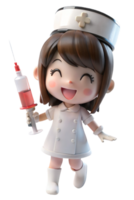 , anime style 3d mignonne femme portant une infirmières uniforme, sa main en portant une grand seringue. png