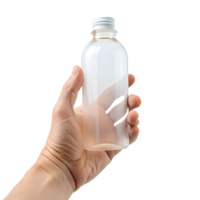 , Nahansicht nur das Hand erinnert sich das leeren durchscheinend Flasche, isoliert auf transparent Hintergrund png