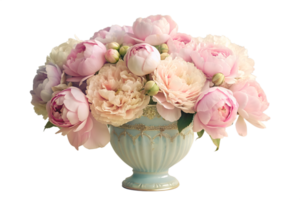 , A bouquet of pastel-colored peonies arranged in a vintage-inspired vase, exuding elegance and charm png