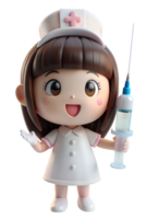 , Anime style 3d cute woman wearing a nurse's uniform, her hand holding a large syringe. png