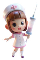 , animê estilo 3d fofa mulher vestindo uma enfermeira uniforme, dela mão segurando uma ampla seringa. png