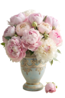 , A bouquet of pastel-colored peonies arranged in a vintage-inspired vase, exuding elegance and charm png