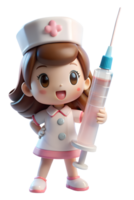 , anime stijl 3d schattig vrouw vervelend een verpleegster uniform, haar hand- Holding een groot spuit. png