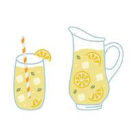 Glass with straw and jug with lemonade, lemon slice and mint leaves, illustration in flat style isolated on white background vector