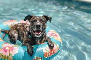 Dog floating in swimming pool in Inflatable ring on summer vacation. Cute pet on a walk. Lovely dog in pool photo