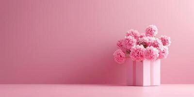 Box with a bouquet of pink flowers on an empty pink background with copy space photo