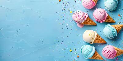 Ice cream on an empty pastel background. Summer background with ice cream and copy space. Summer time composition for web banner, cards, invitations photo