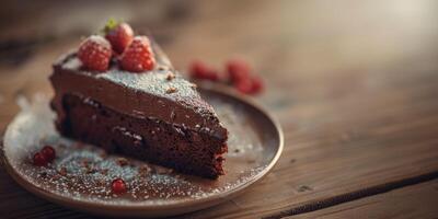 Piece of chocolate cake with raspberries on dark wooden background with copy space photo