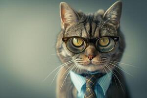 Business cat wearing glasses and a tie on an empty background with copy space photo